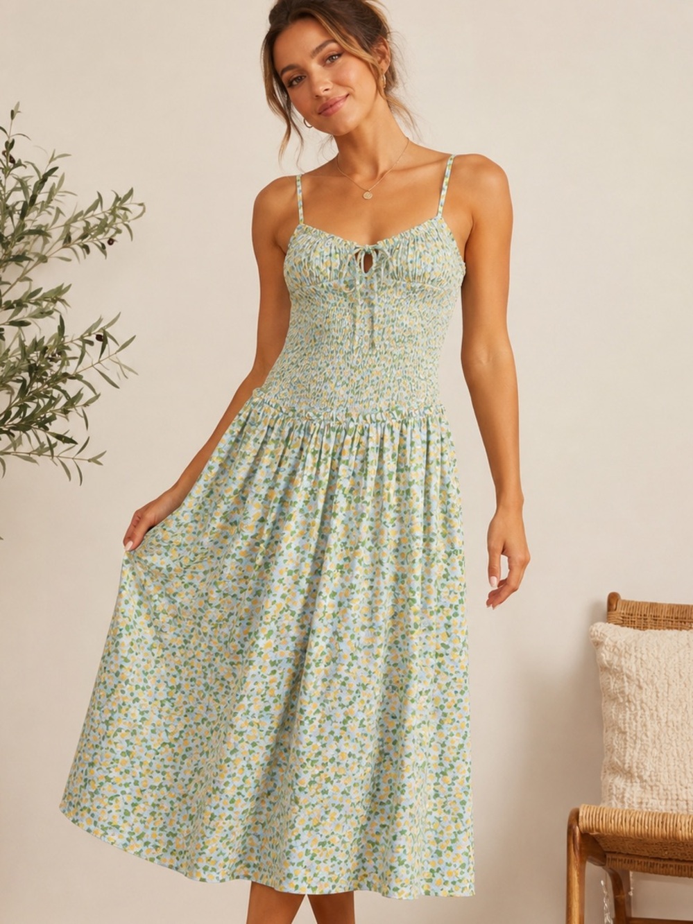 Free People Lavender Daze Floral Smocked Midi Dress Blue Yellow Tie Front M